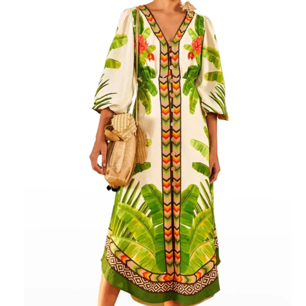 NWT $275 Farm Rio Fresh Forest Puff-Sleeve Midi Dress in Small!